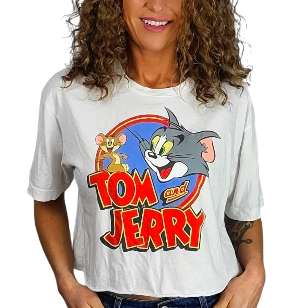 Tom & Jerry Print Crop Cotton Tee Size Small White Short Sleeve